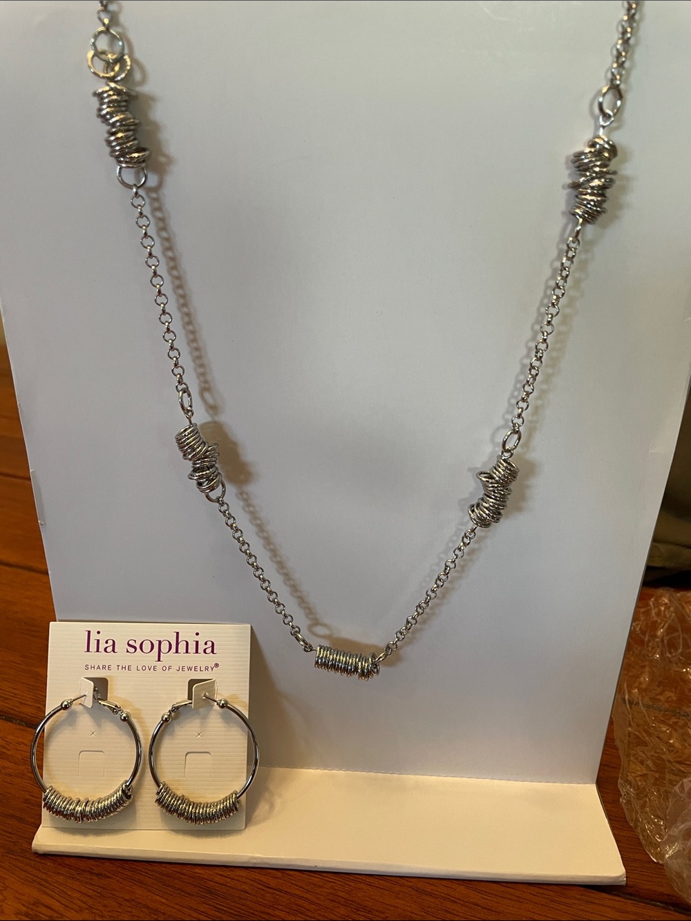 Lia Sophia Silver Coil Station Necklace with Matching Hoop Earrings